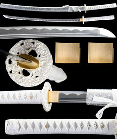 冰魄凝光 katana extended vertical detail composition showing the full sword profile, blade close-up, tsuba, habaki, and tsuka wrap