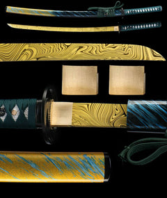 青冥引 katana extended vertical detail composition showing the full sword profile, blade close-up, tsuba, habaki, and tsuka wrap