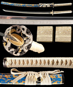 霜华流云 katana extended vertical detail composition showing the full sword profile, blade close-up, tsuba, habaki, and tsuka wrap
