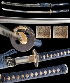 墨鳞·流光 katana extended vertical detail composition showing the full sword profile, blade close-up, tsuba, habaki, and tsuka wrap