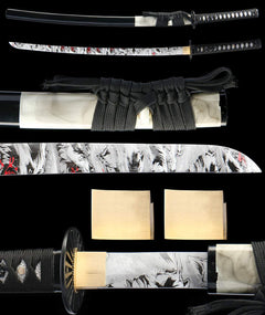 碎岳 katana extended vertical detail composition showing the full sword profile, blade close-up, tsuba, habaki, and tsuka wrap