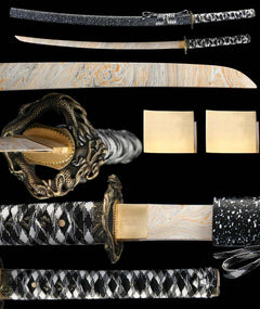 千机变 katana extended vertical detail composition showing the full sword profile, blade close-up, tsuba, habaki, and tsuka wrap