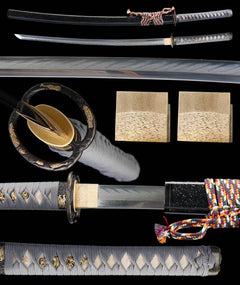 秋月寒芒 katana extended vertical detail composition showing the full sword profile, blade close-up, tsuba, habaki, and tsuka wrap