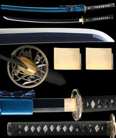 松间鹤唳 katana extended vertical detail composition showing the full sword profile, blade close-up, tsuba, habaki, and tsuka wrap
