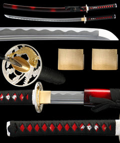 永夜之拥 katana extended vertical detail composition showing the full sword profile, blade close-up, tsuba, habaki, and tsuka wrap
