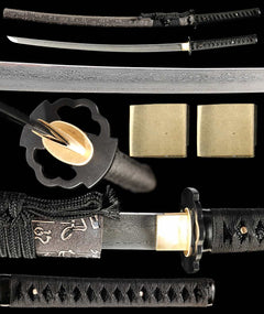 玄金·断影 katana extended vertical detail composition showing the full sword profile, blade close-up, tsuba, habaki, and tsuka wrap
