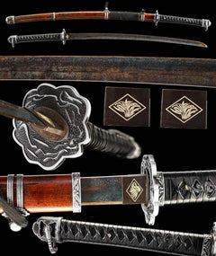 只狼不死斩开门 katana extended vertical detail composition showing the full sword profile, blade close-up, tsuba, habaki, and tsuka wrap