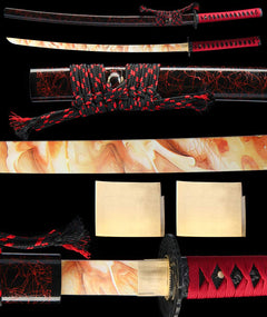 惊鸿照影 katana extended vertical detail composition showing the full sword profile, blade close-up, tsuba, habaki, and tsuka wrap