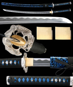 混沌初开 katana extended vertical detail composition showing the full sword profile, blade close-up, tsuba, habaki, and tsuka wrap