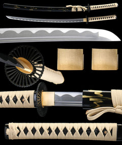 渡厄 katana extended vertical detail composition showing the full sword profile, blade close-up, tsuba, habaki, and tsuka wrap