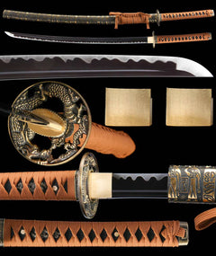 噬魂渊 katana extended vertical detail composition showing the full sword profile, blade close-up, tsuba, habaki, and tsuka wrap