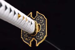 Katana – Yamato T10 Clay Tempered Blade | Enma no Ken 閻魔の剣 handle, guard, and fittings detail photo