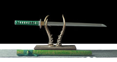 Chokutō – Green Thunderfold 緑雷の直刀 - folded steel Chokuto Sword blade and saya detail photo