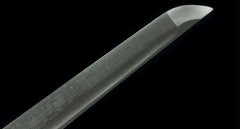 Chokutō – Green Thunderfold 緑雷の直刀 - folded steel Chokuto Sword handle, guard, and fittings detail photo