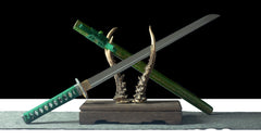 Chokutō – Green Thunderfold 緑雷の直刀 - folded steel Chokuto Sword handle, guard, and fittings detail photo
