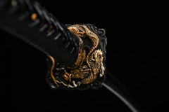 Katana – Clay Tempered T10 Katana Sword with Polished Finish 黒龍... handle, guard, and fittings detail photo
