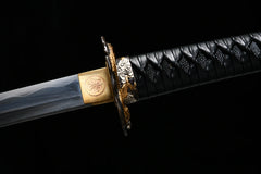 Katana – Clay Tempered T10 Katana Sword with Polished Finish 黒龍... handle, guard, and fittings detail photo