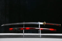 High Manganese Steel Katana with Crimson Lacquered Saya 緋影 Hi-Kage... blade and saya detail photo