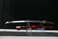 High Manganese Steel Katana with Crimson Lacquered Saya 緋影 Hi-Kage... handle, guard, and fittings detail photo