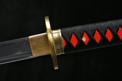 High Manganese Steel Katana with Crimson Lacquered Saya 緋影 Hi-Kage... handle, guard, and fittings detail photo