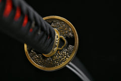 High Manganese Steel Katana with Crimson Lacquered Saya 緋影 Hi-Kage... handle, guard, and fittings detail photo