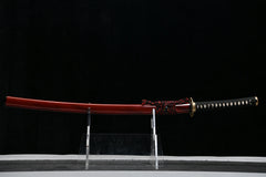 Katana – T10 Clay Tempered Blade with Red Saya 緋炎 full product photo