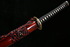 Katana – T10 Clay Tempered Blade with Red Saya 緋炎 blade and saya detail photo
