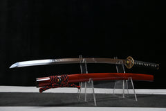 Katana – T10 Clay Tempered Blade with Red Saya 緋炎 handle, guard, and fittings detail photo