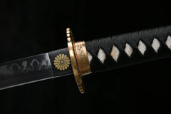 Katana – T10 Clay Tempered Blade with Red Saya 緋炎 handle, guard, and fittings detail photo