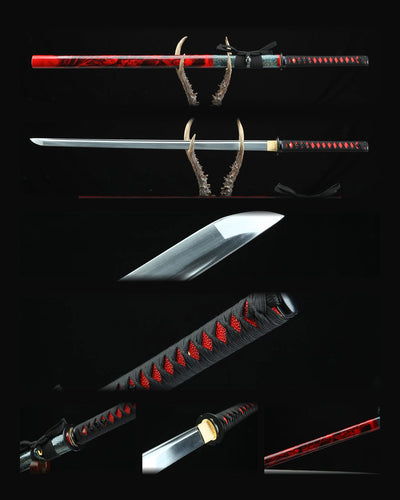 Chokuto - Černý a karmínový přímý meč s čepelí z oceli 1065
