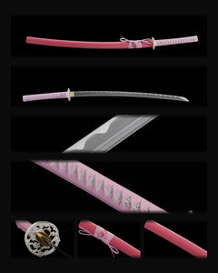 Silver Wave katana: collage of the pink scabbard and grip, silver-colored wave-patterned blade and round guard