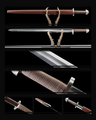 Viikinkimiekka - Burgundy Woven Scabbard, Lobed Pommel, 1060 teräs
