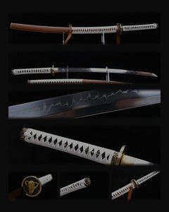 Michonne's Katana - The Walking Dead - collage of full views, brown scabbard straps and white handle details