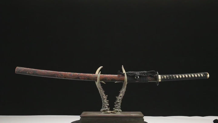 Katana – 1065 High Carbon Steel Full Tang Japanese Sword | 赤霄龙鸣 product video showing sword details and handling view