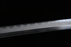 Tachi – Folded Steel Japanese Tachi Sword in Reverse Mount 花嵐 Hana... handle, guard, and fittings detail photo