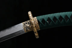 Tachi – Folded Steel Japanese Tachi Sword in Reverse Mount 花嵐 Hana... handle, guard, and fittings detail photo