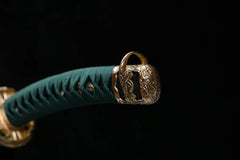 Tachi – Folded Steel Japanese Tachi Sword in Reverse Mount 花嵐 Hana... handle, guard, and fittings detail photo