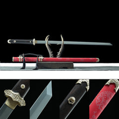 Tang Dao Meijian T10 steel sword in red scabbard - overview