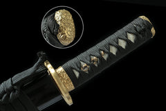 Tanto - T10 Clay Tempered Blade 紅葉の風 handle, guard, and fittings detail photo