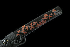Tanto - T10 Clay Tempered Blade 紅葉の風 handle, guard, and fittings detail photo