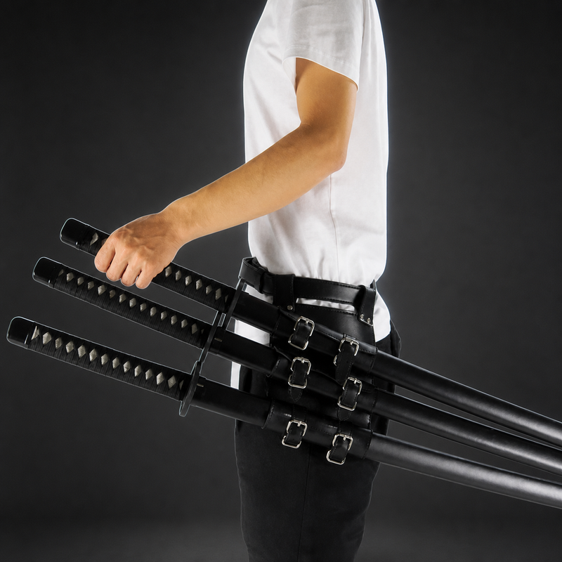 Three Swords Holster: side view of a person in a white shirt wearing the black holster with three black scabbards