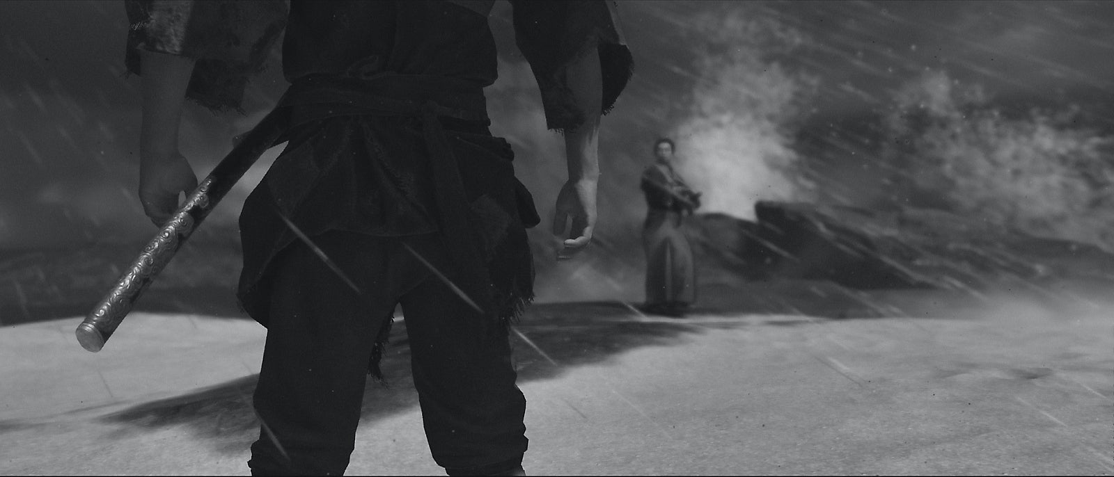 Jin Sakai holding a sword during a rain-soaked duel scene in Ghost of Tsushima