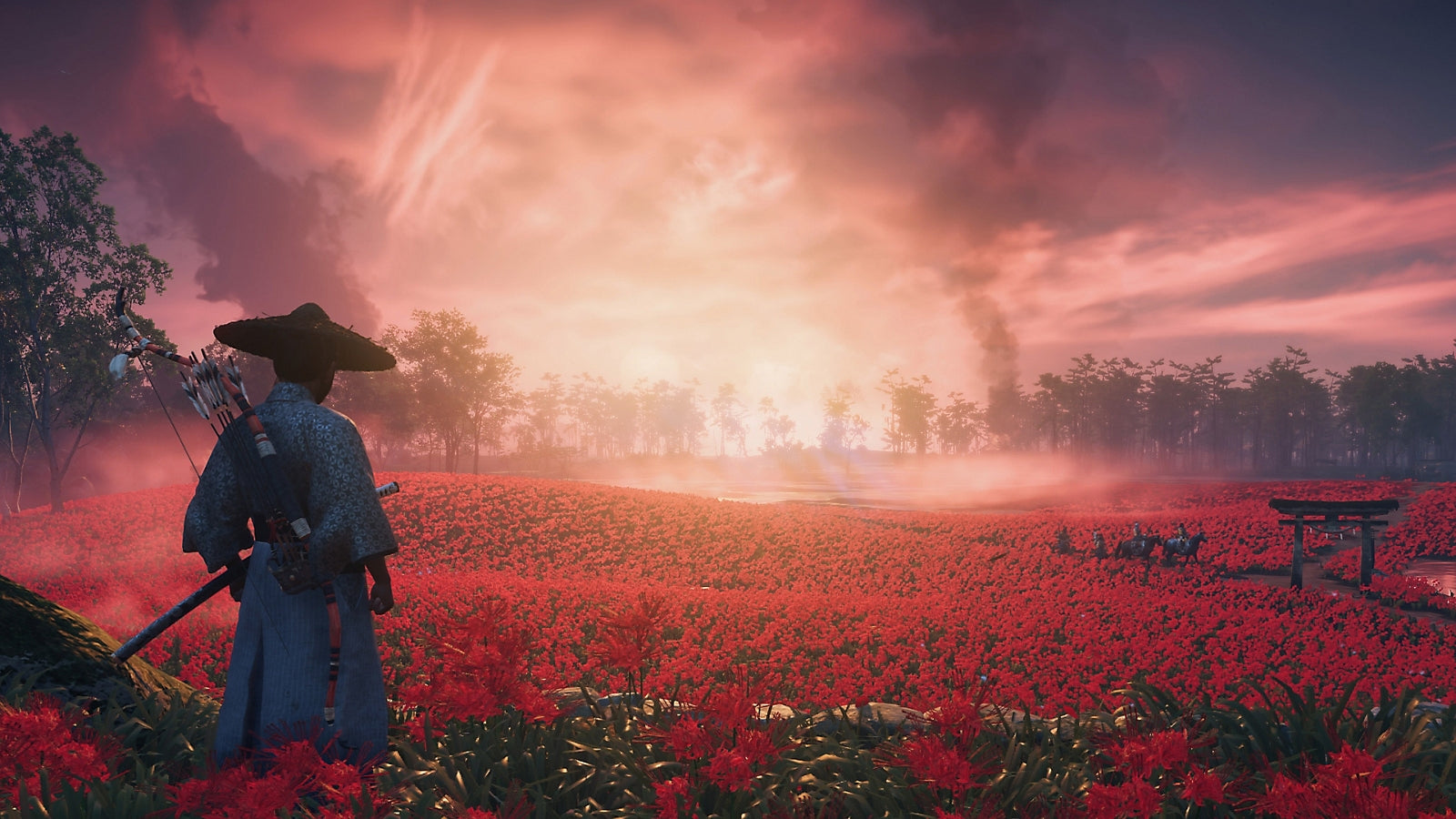 Jin Sakai seen from behind with his paired sword fittings visible in a red field