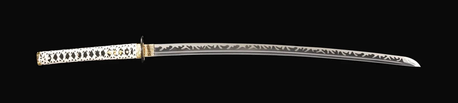 Drawn side view of a representative NIMOFAN katana used to identify the blade, guard and handle fittings